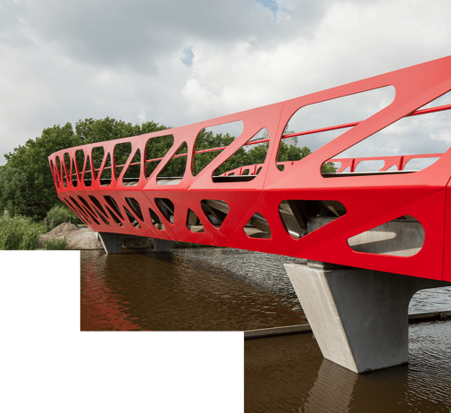 Red bridge over river