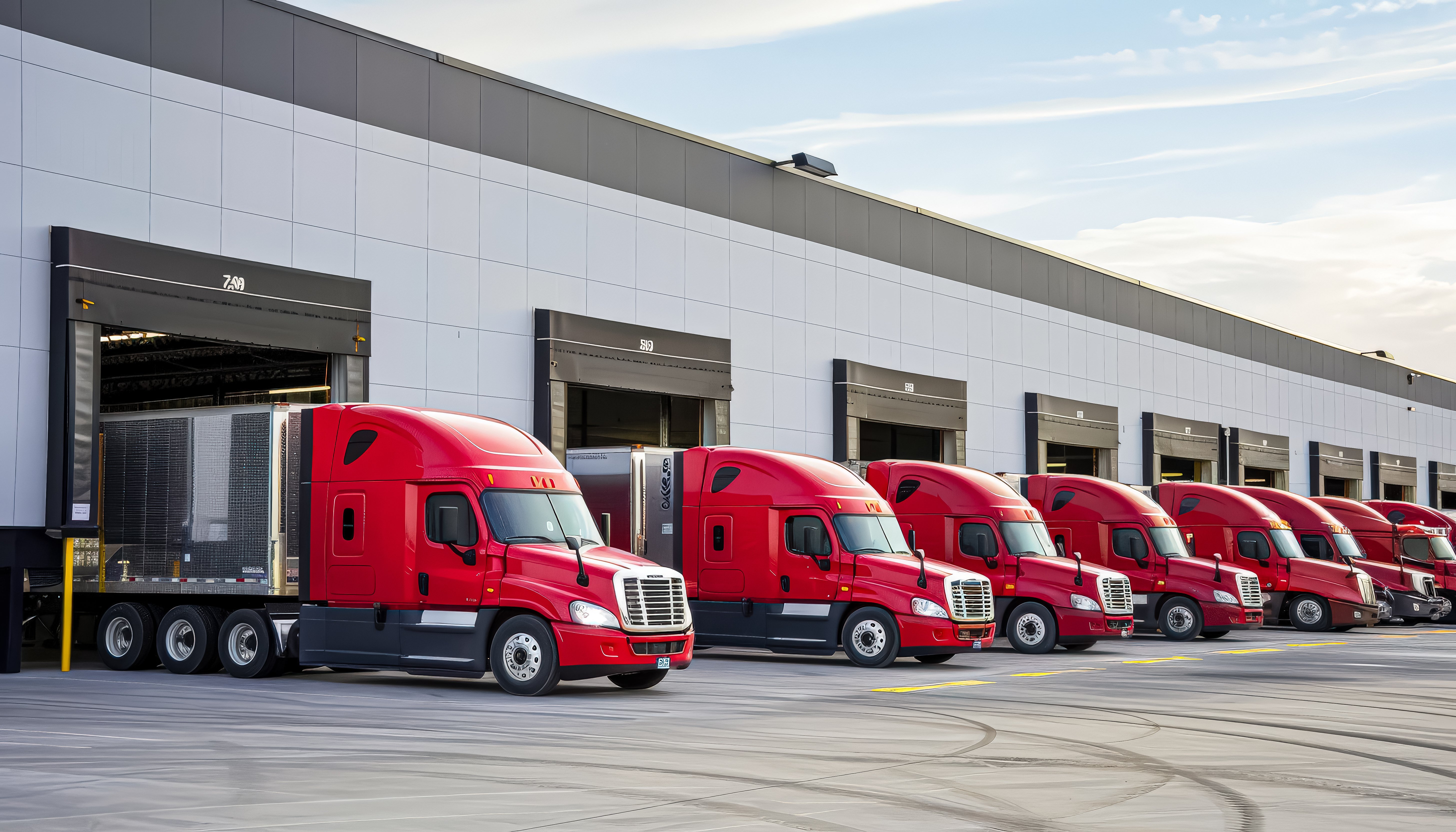 Row of red semi trucks parked in docks in a lot
